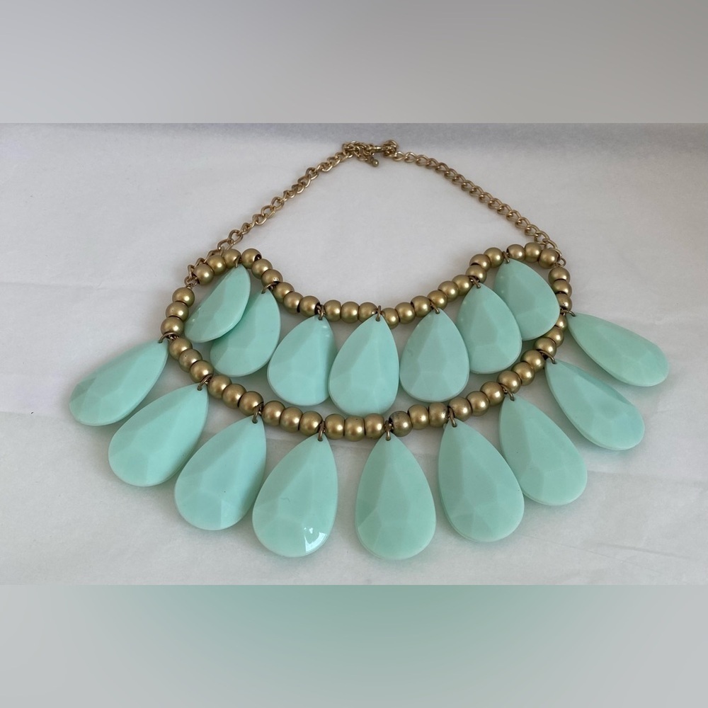 Mint Large Teardrop Gem Double Layer Fashion Necklace